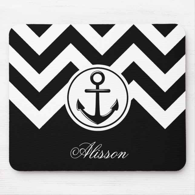 Black and White Anchor Pattern Mouse Pad (Front)