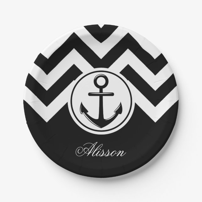 Black and White Anchor Pattern Paper Plates (Front)