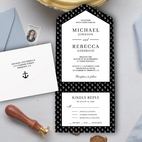 Black and White Anchors Nautical Wedding All In One Invitation