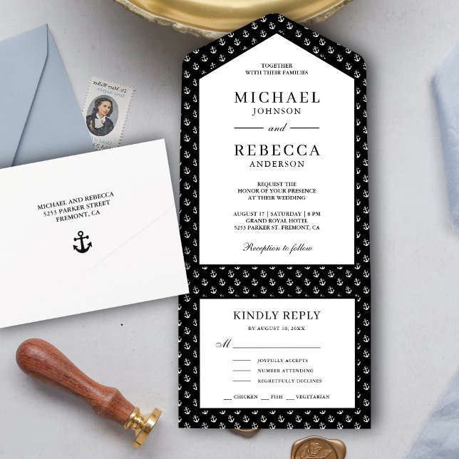 Black and White Anchors Nautical Wedding All In One Invitation (Creator Uploaded)