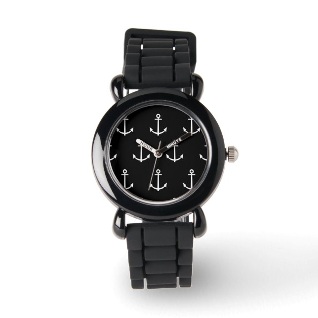 Black and White Anchors Pattern 1 Watch (Front)