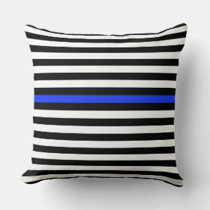 Black and White and Cobalt Blue Narrow Stripes Throw Pillow