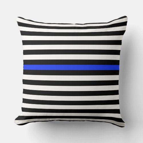 Black and White and Cobalt Blue Narrow Stripes  Throw Pillow