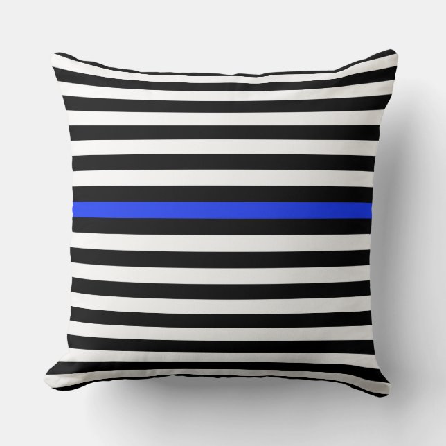 Black and White and Cobalt Blue Narrow Stripes  Throw Pillow (Front)