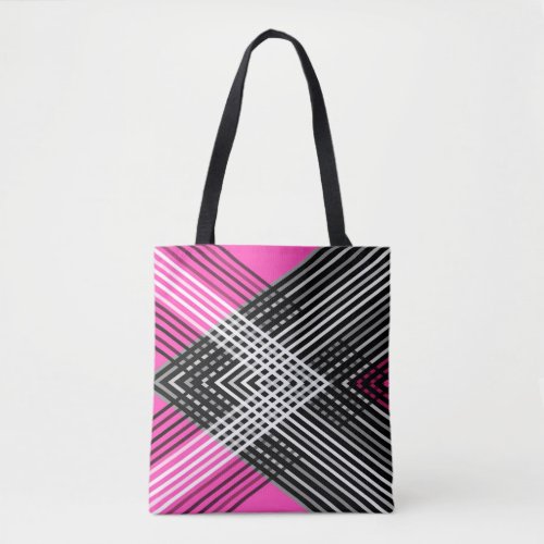 Black and white and gray intertwined stripes on a  tote bag