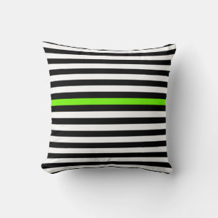 Black and White and Neon Green Narrow Stripes Throw Pillow