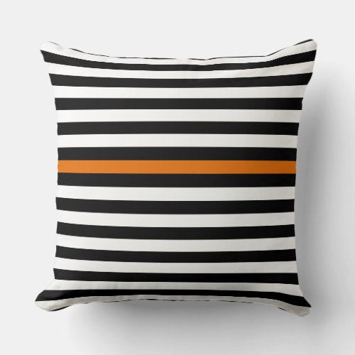 Black and White and Orange Narrow Stripes   Throw Pillow