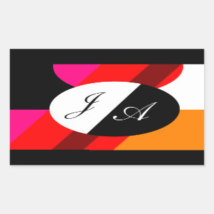 Black and white and red double monogrammed rectangular sticker