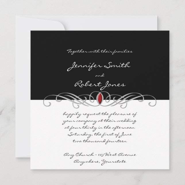 Black and White and Ruby Accent Wedding Invitation (Front)