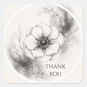 Black and White Anemone Minimalist Charcoal Square Sticker