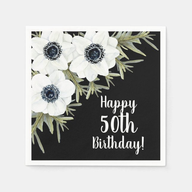 Black and White Anemones Botanical Floral Napkins (Front)
