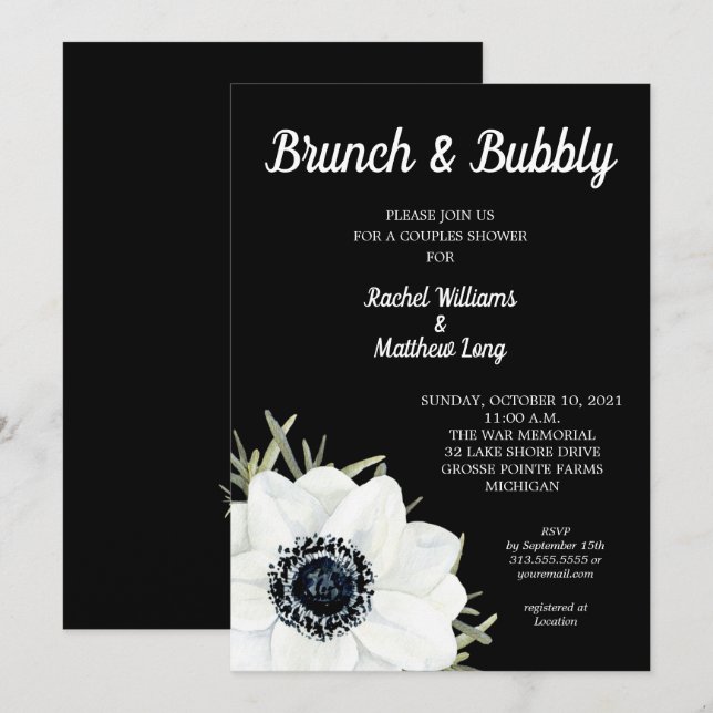Black and White Anemones Couples Wedding Shower Invitation (Front/Back)