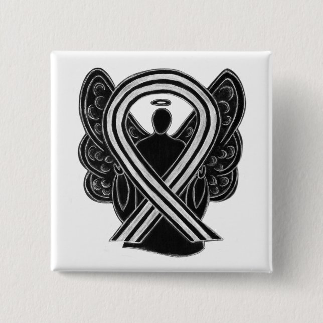 Black and White Angel Awareness Ribbon Custom Pin (Front)