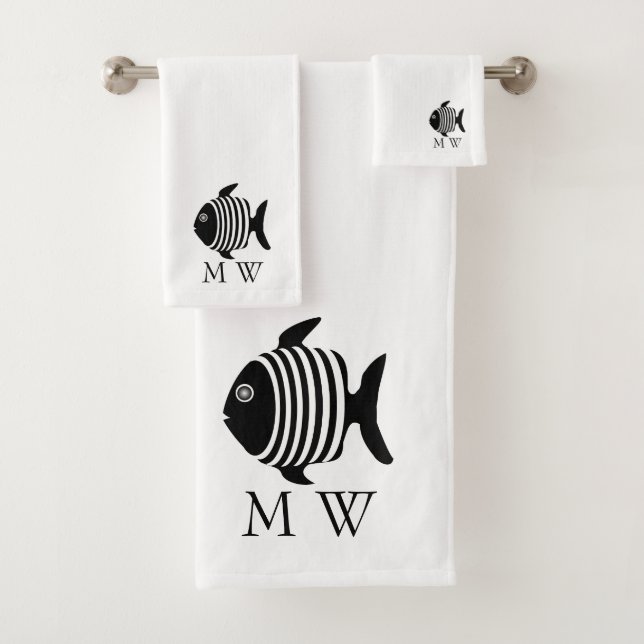 Black And White Angel Fish Design Monogrammed Bath Towel Set (Insitu)