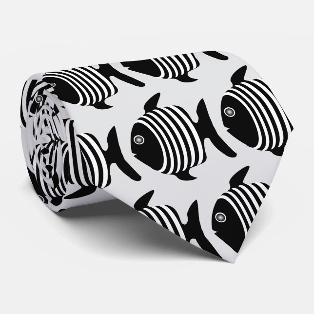 Black And White Angel Fish Design Neck Tie (Rolled)