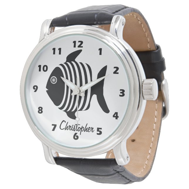 Black And White Angel Fish Design Personalised Watch (Angled)