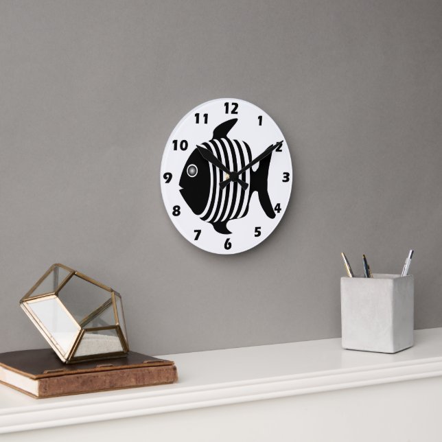 Black And White Angel Fish Design  Round Clock (Office)
