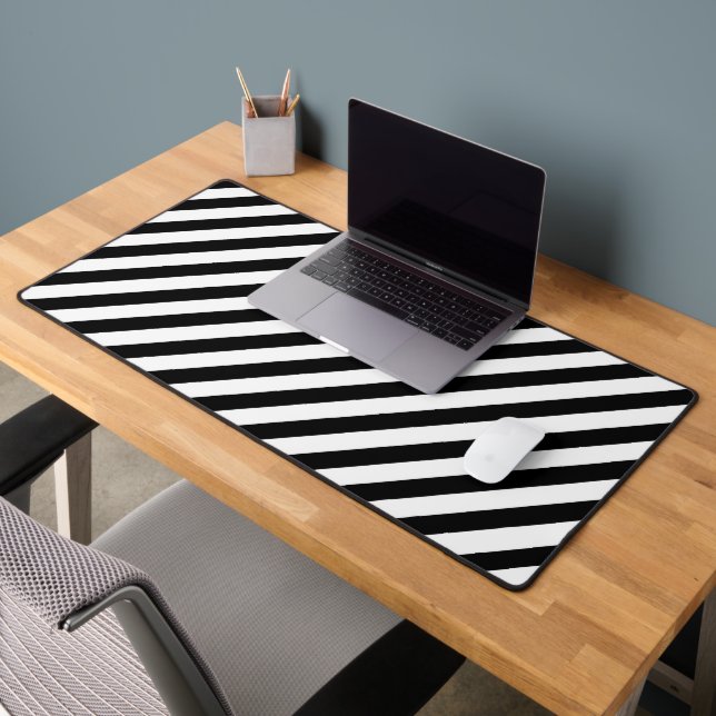 Black And White Angled Stripes Desk Mat (Office 2)