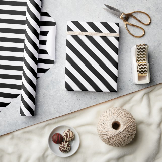 Black and White Angled Stripes Wrapping Paper (Crafts)