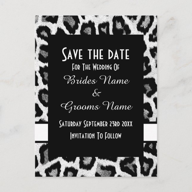 Black and white animal print save the date announcement postcard (Front)