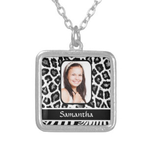 Black and white animal print silver plated necklace
