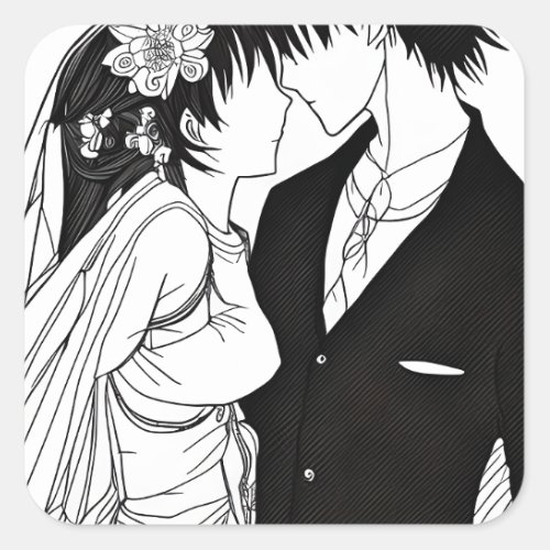 Black and White Anime Bride and Groom Square Sticker