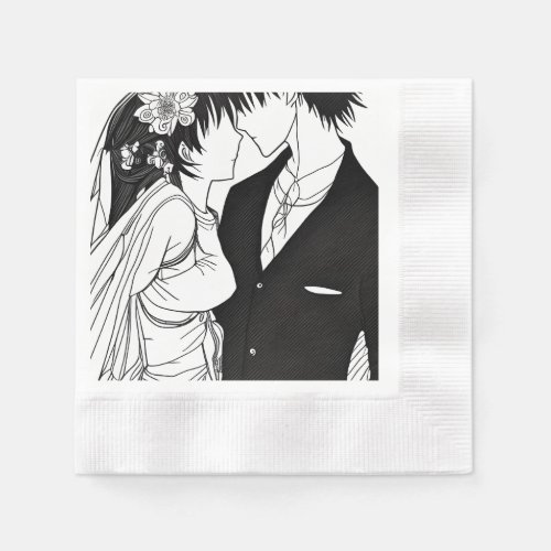Black and White Anime Bride and Groom Wedding Napkins