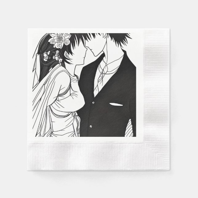 Black and White Anime Bride and Groom Wedding Napkins (Front)