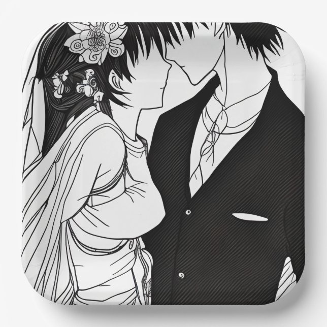 Black and White Anime Bride and Groom Wedding Paper Plates (Front)
