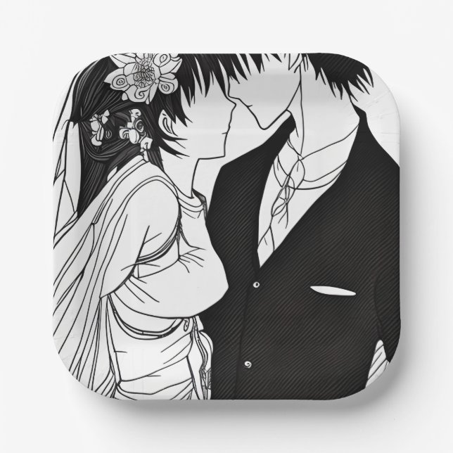 Black and White Anime Bride and Groom Wedding Paper Plates (Front)