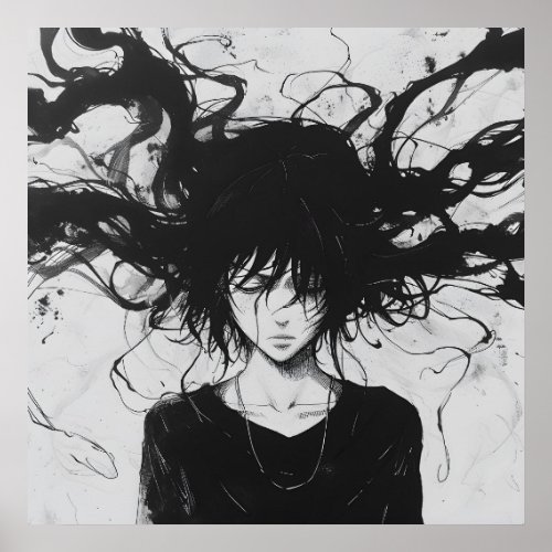 Black And White Anime Sprawling Hair Poster