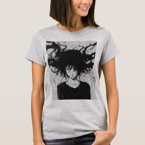 Black And White Anime Sprawling Hair T_Shirt