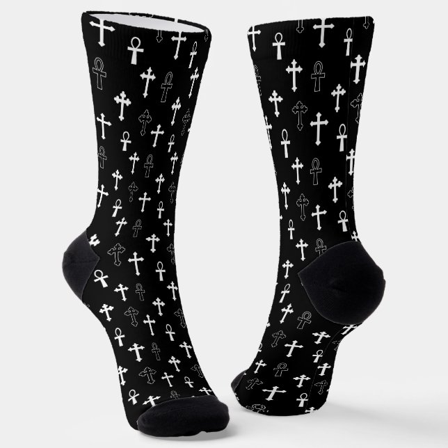 Black and White Ankh Crucific Gothic Socks (Angled)