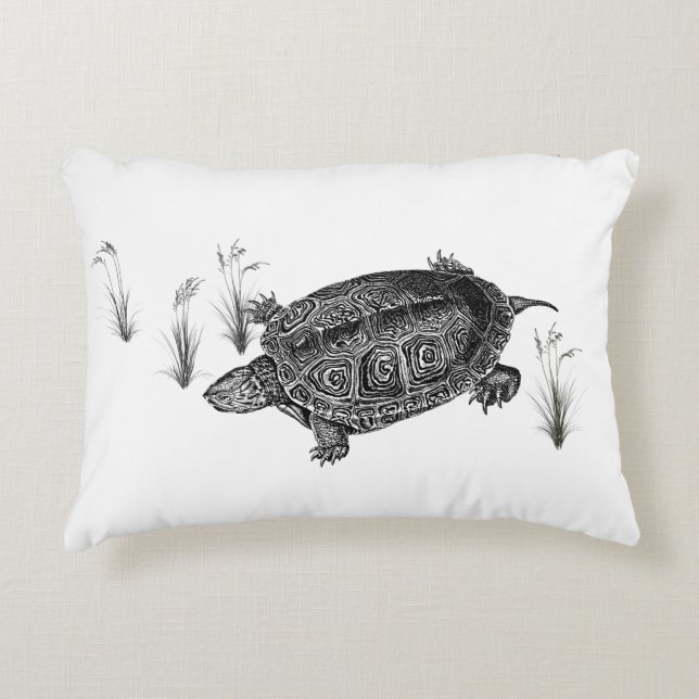 Black and White Aquatic Turtle Accent Pillow (Front)