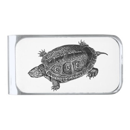 Black and White Aquatic Turtle Silver Finish Money Clip