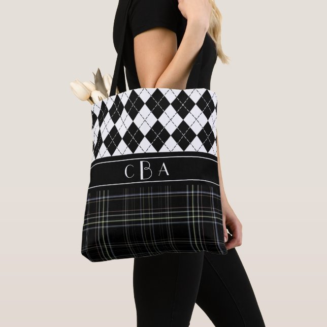 Black and White Argyle and Tartan Monogrammed Tote Bag (Close Up)