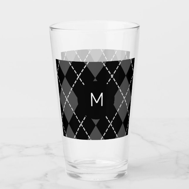 Black and White Argyle Monogram Tumbler Glass (Front)
