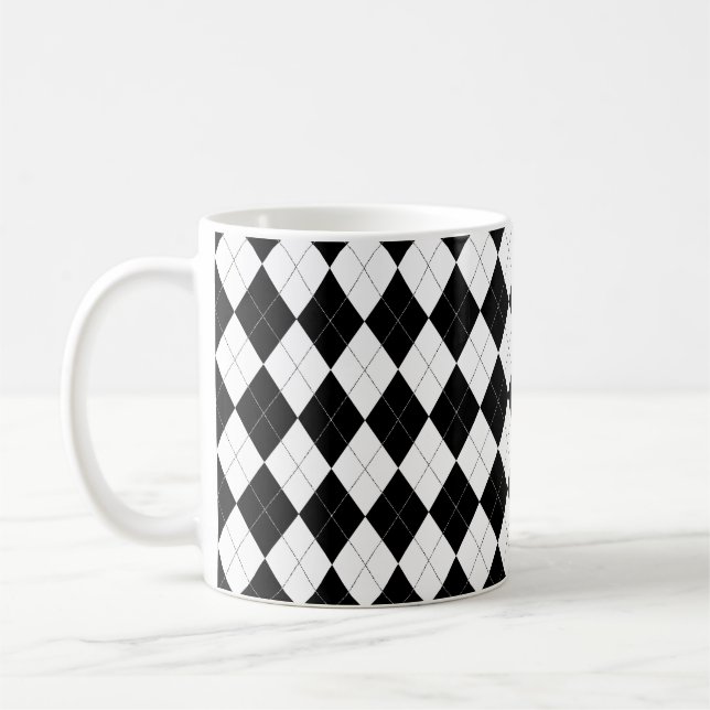 Black and White Argyle Pattern Preppy Geometric Coffee Mug (Left)