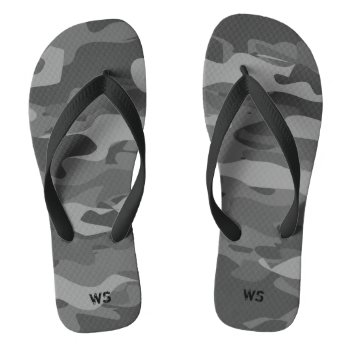 Black And White Army Camouflage Custom Monogram Flip Flops by backgroundpatterns at Zazzle