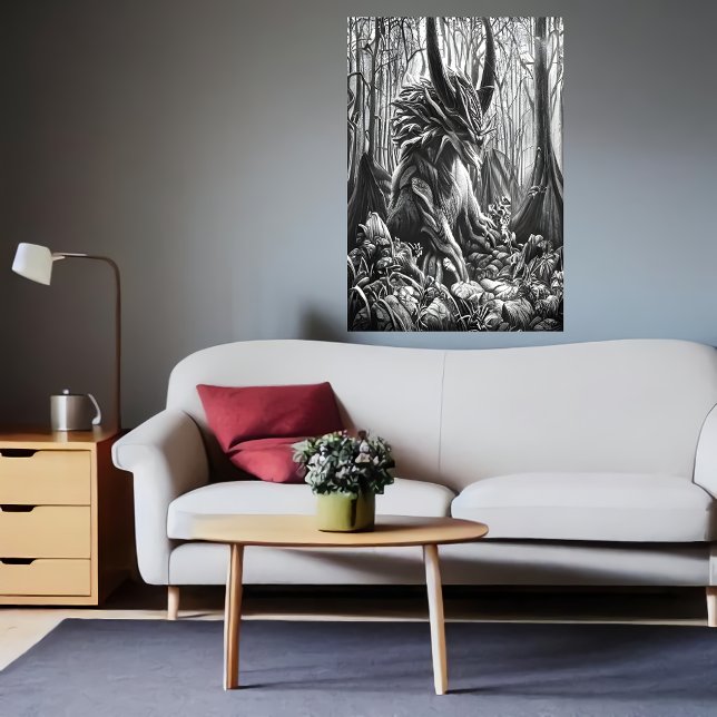 black and white art beast in the forest | AI Art Poster (Creator Uploaded)