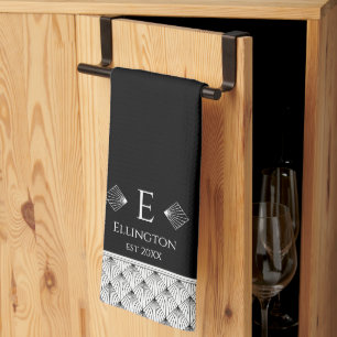 Black and White Art Deco Fan Diamond Personalized Kitchen Towel