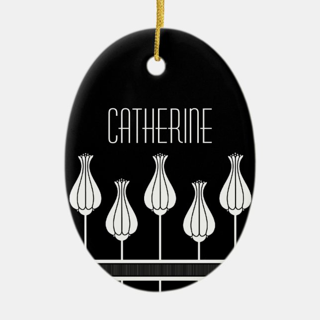 Black and White Art Deco Floral Oval Ornament (Front)