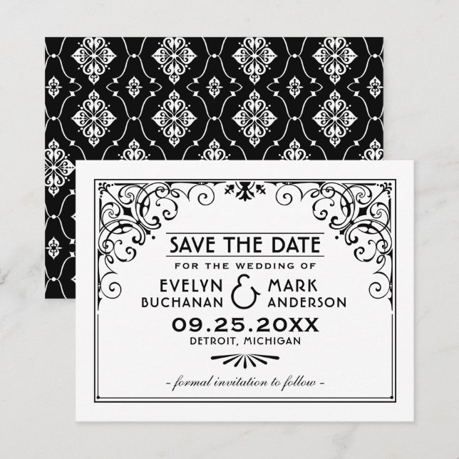 Black and White Art Deco Frame Wedding Save The Date (Front/Back)