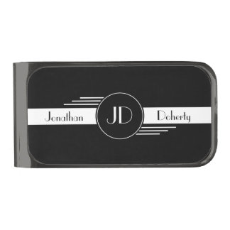 Black and White Art Deco Monogram Gunmetal Finish Money Clip