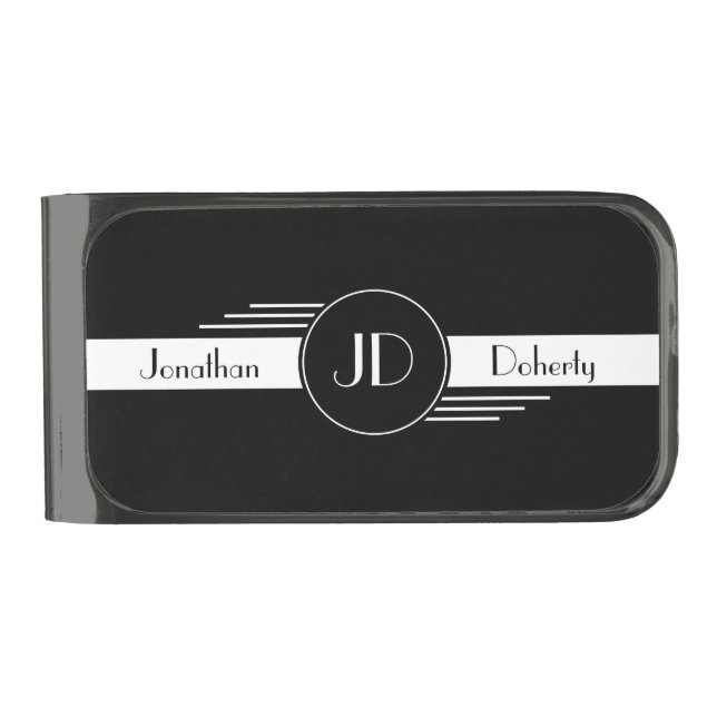 Black and White Art Deco Monogram Gunmetal Finish Money Clip (Front)