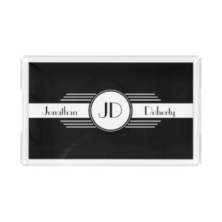 Black and White Art Deco Monogrammed Acrylic Tray