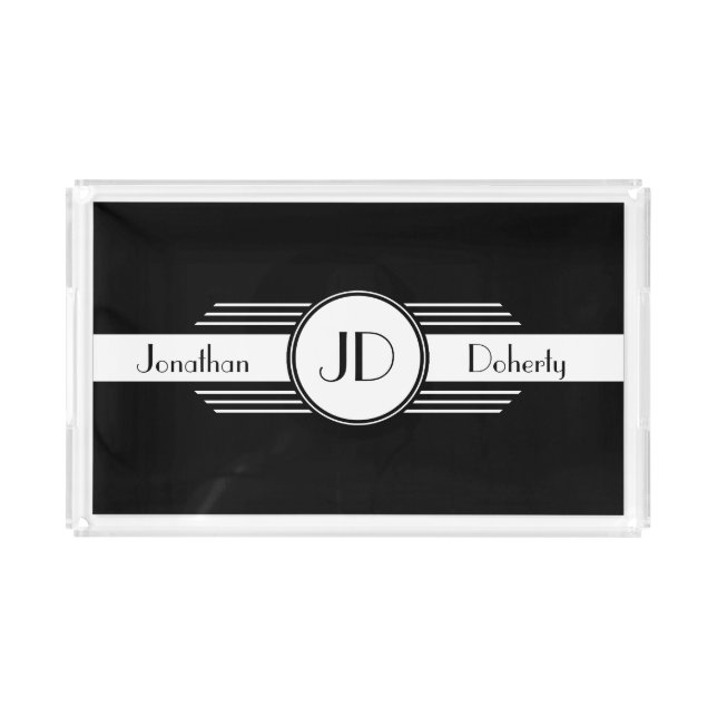Black and White Art Deco Monogrammed Acrylic Tray (Front)