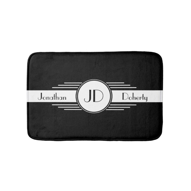 Black and White Art Deco Monogrammed Bathroom Mat (Front)