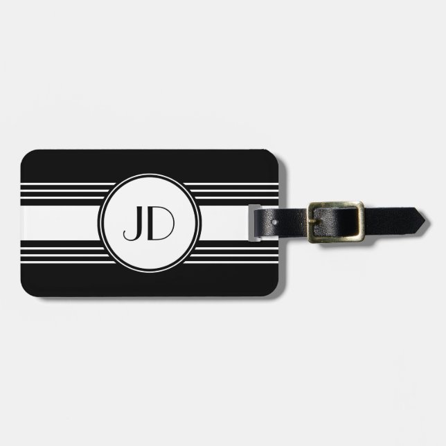 Black and White Art Deco Monogrammed Luggage Tag (Front Horizontal)