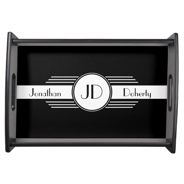 Black and White Art Deco Monogrammed Serving Tray (Front)